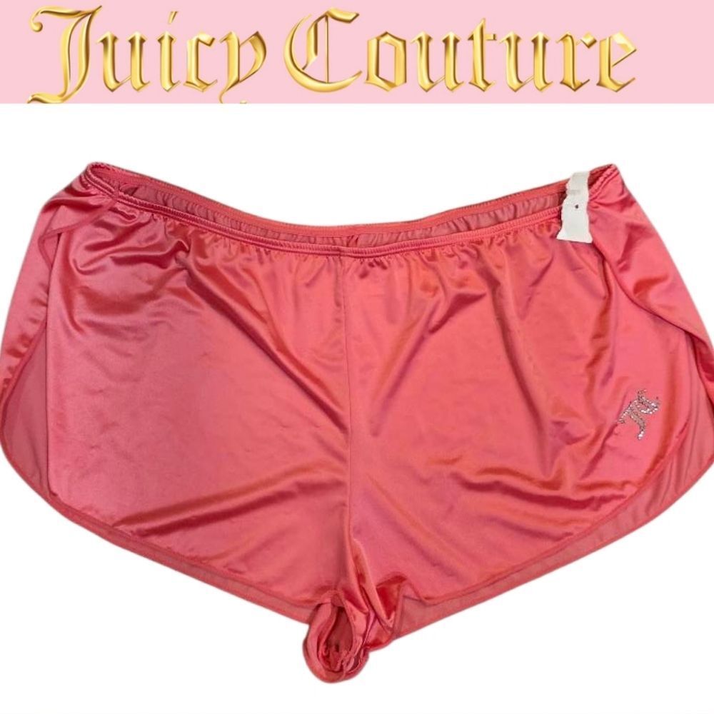 Juicy Couture Pink Satin High Side Slit Rhinestone JC Logo Pajama Shorts